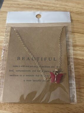 Gold Butterfly Pendant Necklace with Pink Enamel